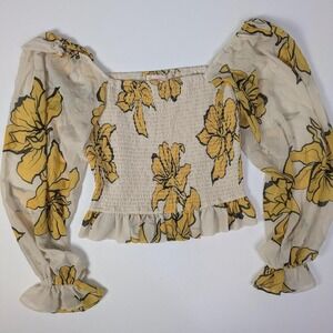 Anthropologie Hutch Smocked Crop Top Yellow Floral Sheer Balloon Sleeve Large